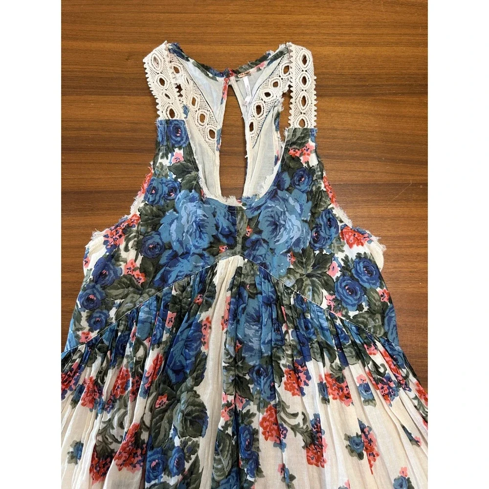 Free People Little Teacup Dress Small Blue Floral Crochet Cottage Shabby Chic